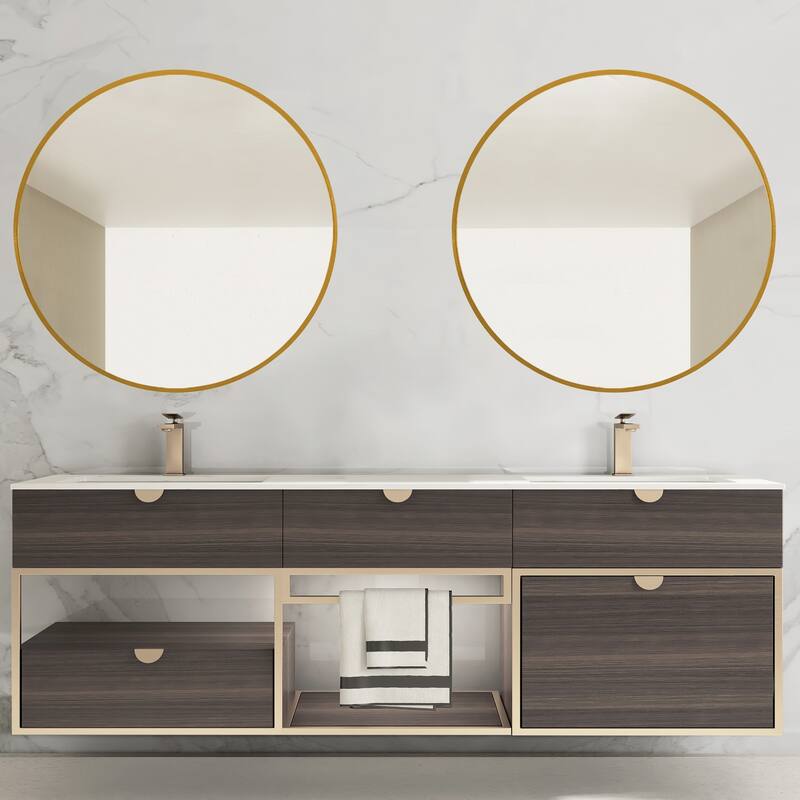 Wall Round Mirror 30'' Modern Brushed Metal Frame Wall-Mounted