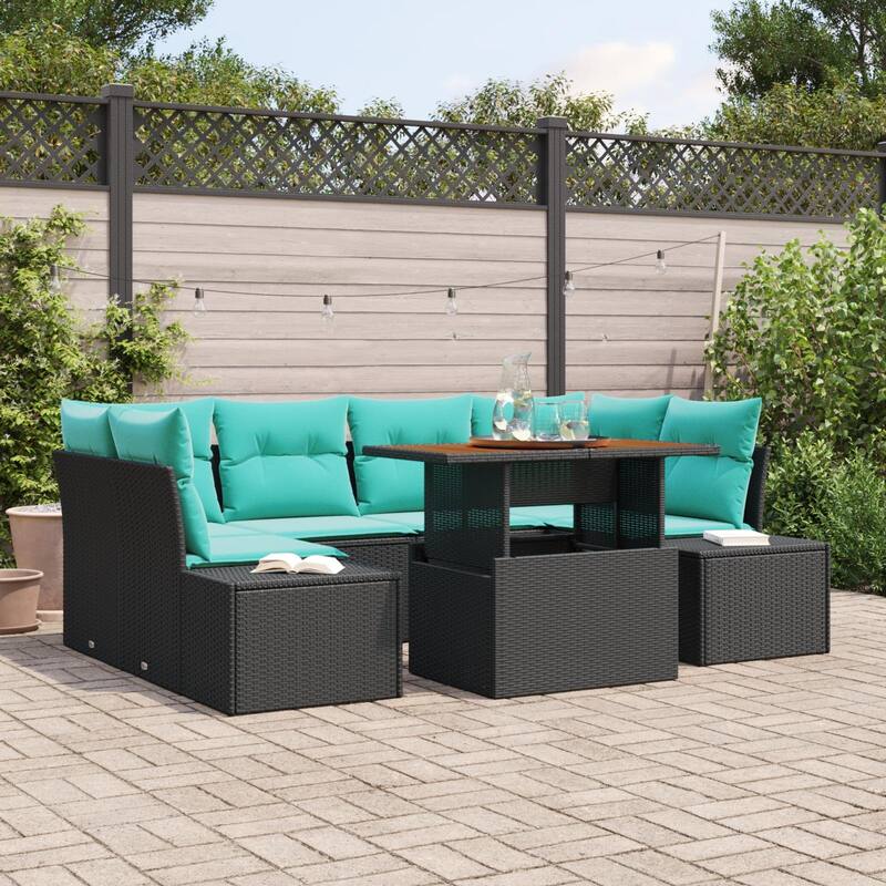 vidaXL 7 Garden Sofa Set with Cushions Black/Grey Poly Rattan - 91.7 x 60.6 x 27.2 - Black