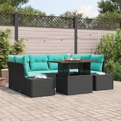 vidaXL 7 Piece Garden Sofa Set with Cushions Black Poly Rattan - 91.7×60.6×27.2