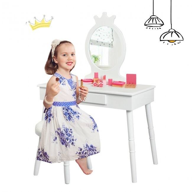 Young Princess Wooden Makeup Vanity Table Set with Padded Stool-White - 27.5" x 13.5" x 40"(L x W x H)