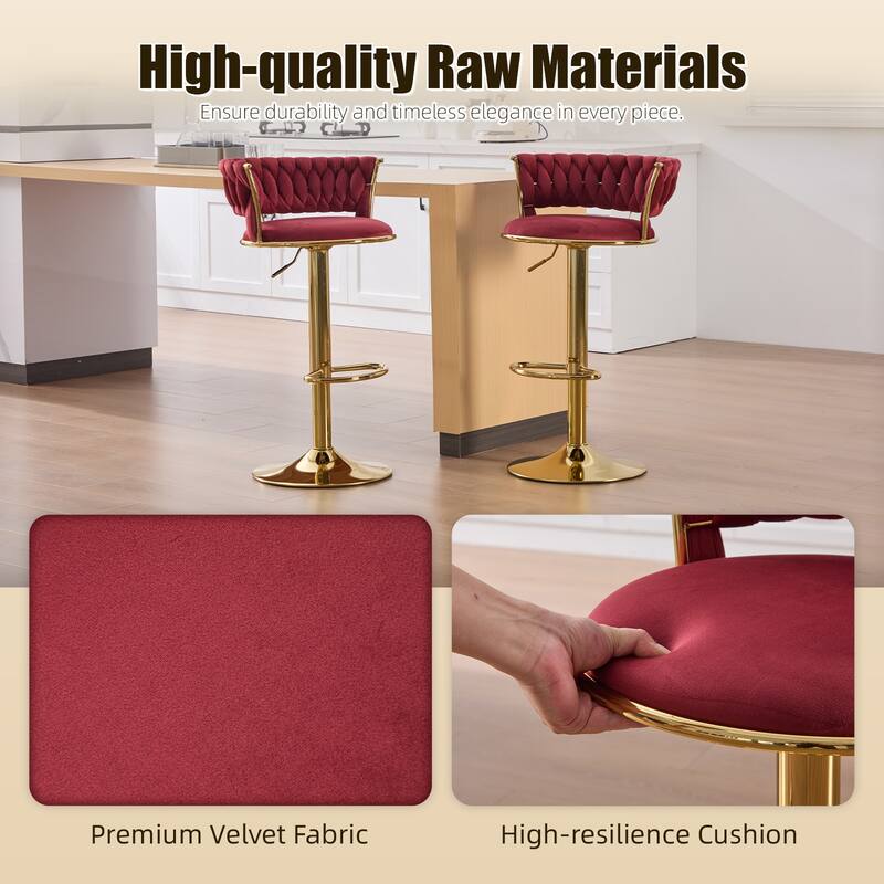 HOMEFUN Velvet Adjustable Height Swivel Armless Bar Stools With Golden Footrest(set of 2)