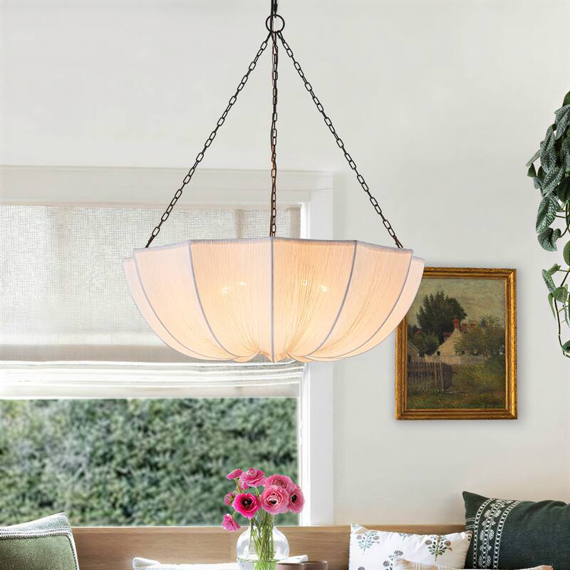 5-Light White Fabric Shade Pendant Light for Living Room - Black White