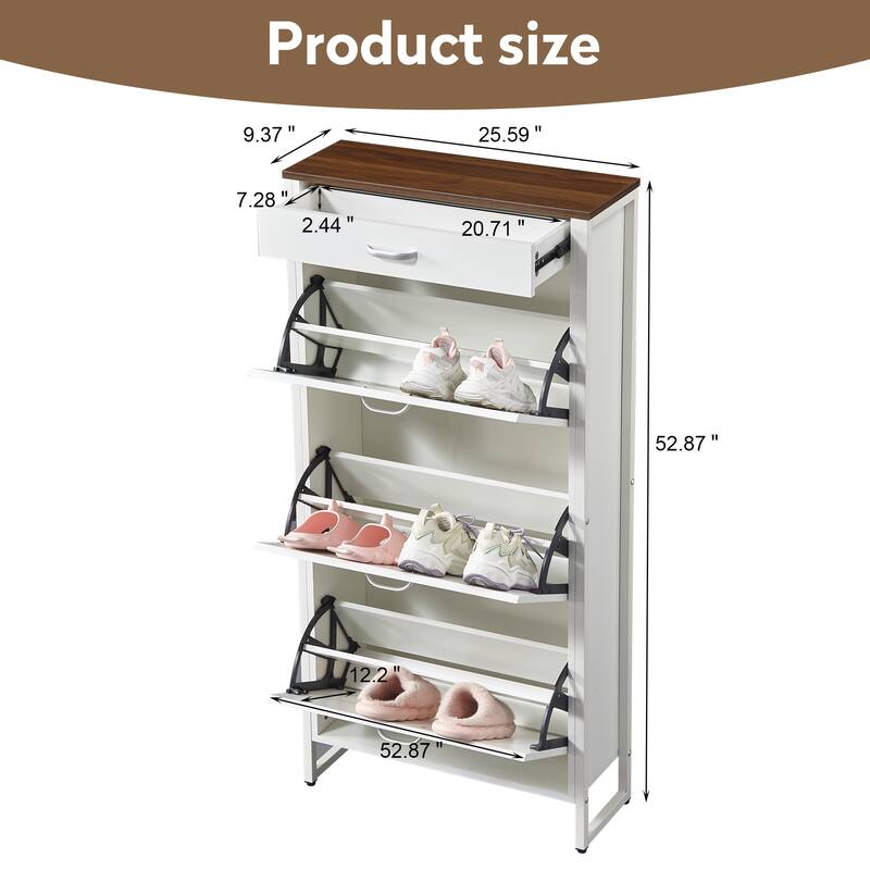 Hidden Wood Shoe Storage Cabinet, Narrow Shoe Cabinet with Drawers, 3-Tier 15 Pair Shoe Rack for Hallway, Entryway