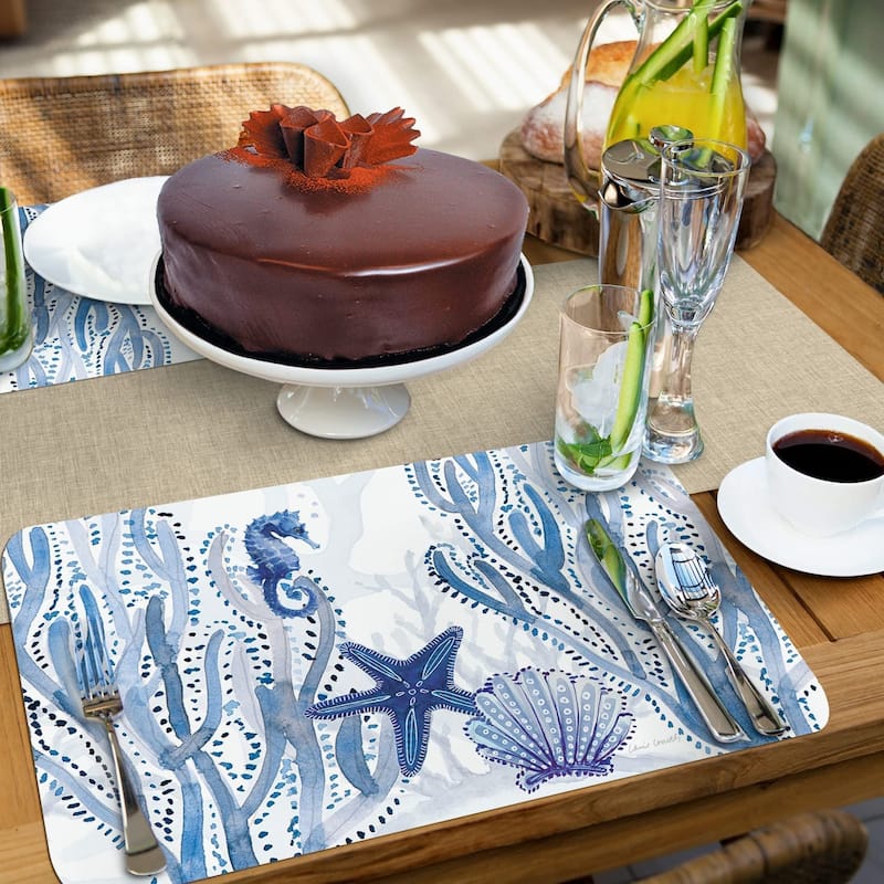 CounterArt Indigo Coastal Reversible Easy Care Flexible Plastic Placemat, 4 Pack, Made in The USA