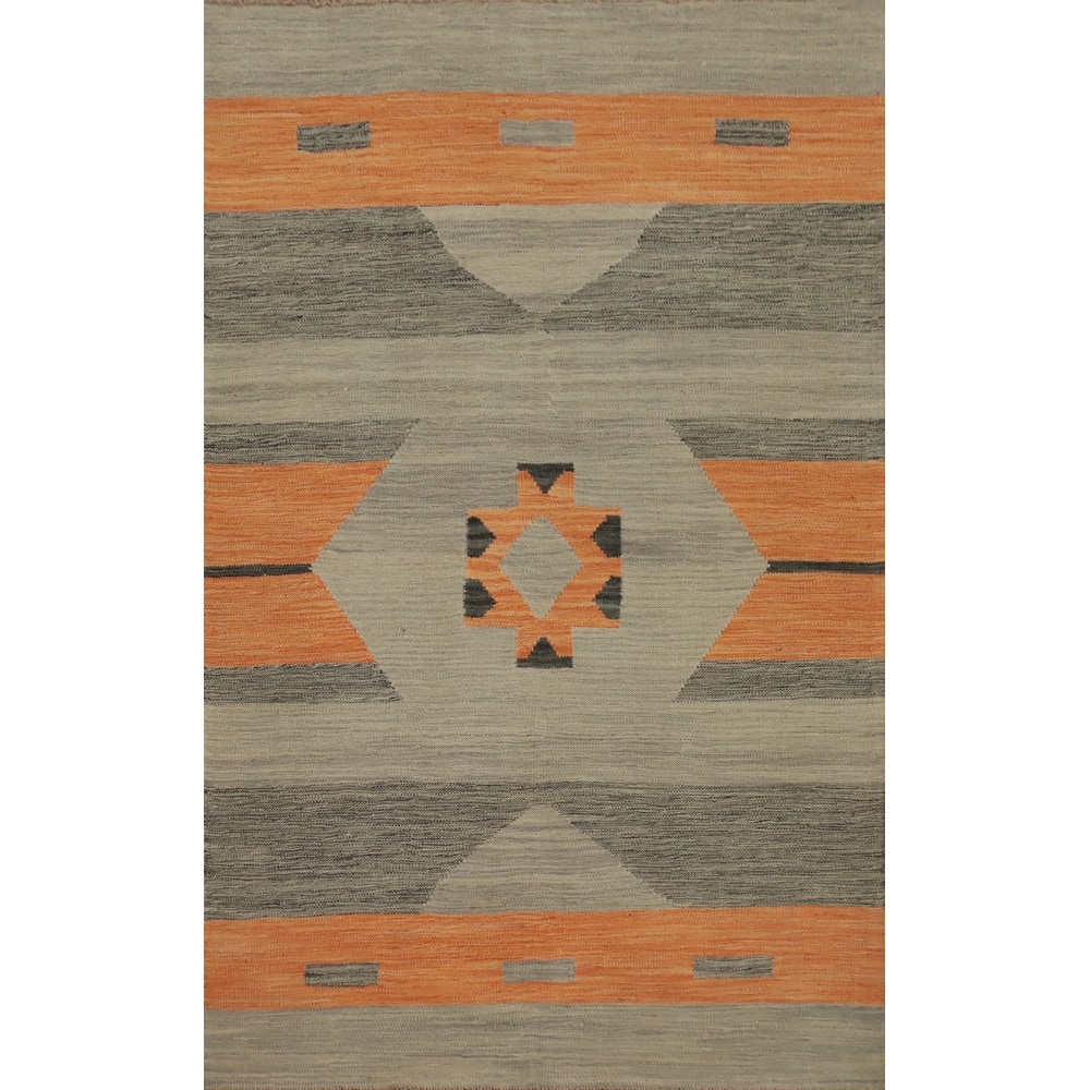 Hand Woven Oriental 100% Wool Carpet Southwestern Modern Greys & Charcoal Kilim Area Rug - 5' 0'' X 3' 3''