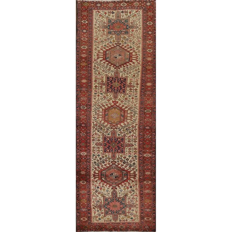 Hand Knotted Oriental 100% Wool Carpet Traditional Geometric Beige & Ivories Heriz Runner Rug - 10' 7'' X 3' 3''