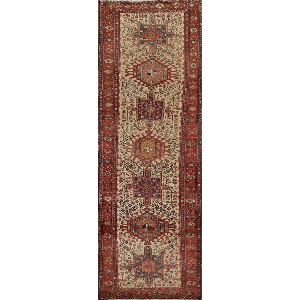 Hand Knotted Oriental 100% Wool Carpet Traditional Geometric Beige & Ivories Heriz Runner Rug - 10' 7'' X 3' 3''