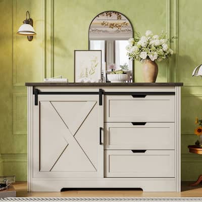 GDFStudio - Carlan Farmhouse Storage Cabinet with Sliding Barn Doors and 3 Drawers, Multi-Functional Sideboard for your house