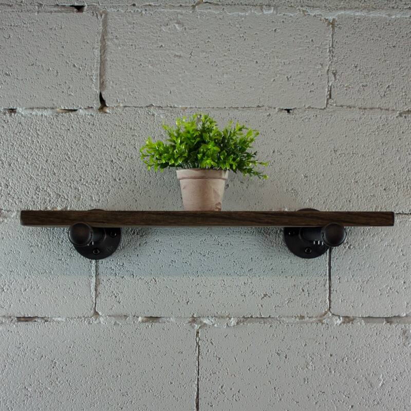 Somerville Farmhouse Industrial Wall Shelf - 24-Inch Wide - Espresso Wood with Hammered Black Metals