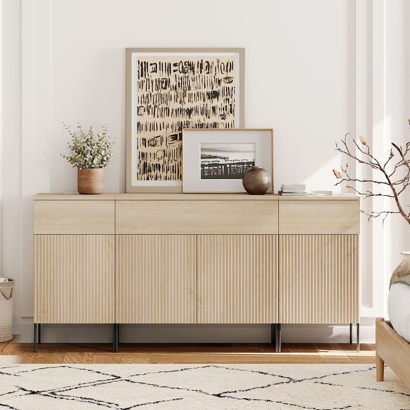 63" Wooden Reeded Sideboard With Doors And Drawers, 3-In-1 Modern Credenza With Charging