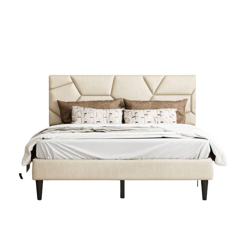 Queen Bed Frame with Linen Headboard - No Box Spring, Easy Assembly - Queen