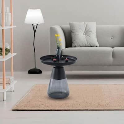 Nesting Table - Matte Black Tray Top with Smoky Glass Base - 19x20
