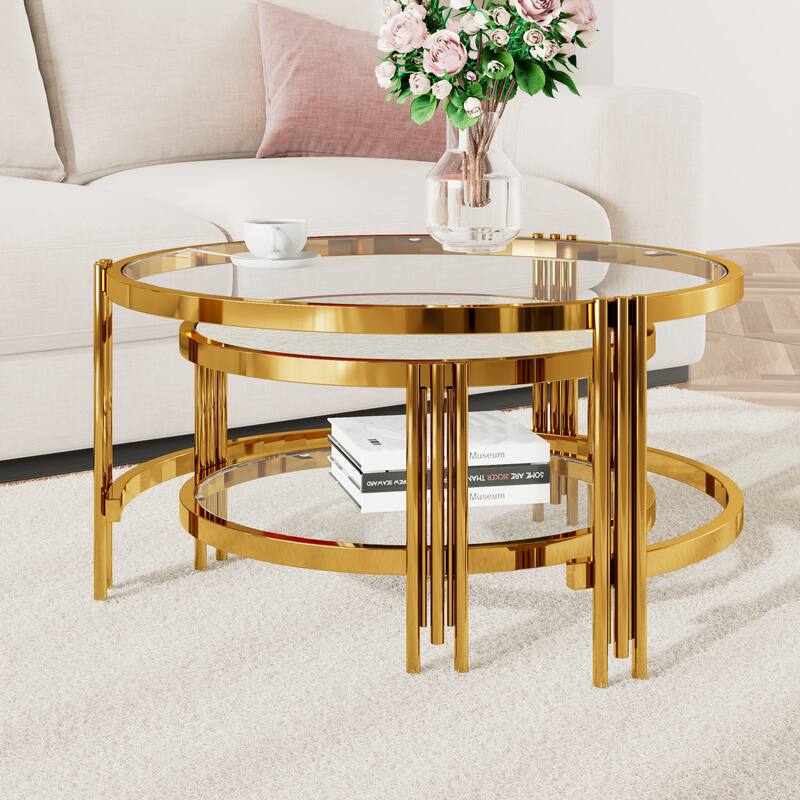 2-Piece Nesting Coffee Table Set, Round Glass Top Center Table with Lower Shelf, 2-Tier Metal Frame Storage Accent Tables