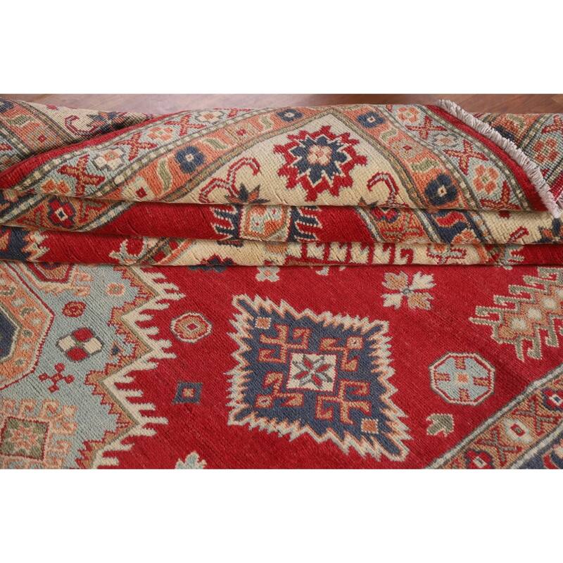 Hand Knotted Oriental 100% Wool Carpet Traditional Geometric Red Kazak Area Rug - 9' 10'' X 6' 7''