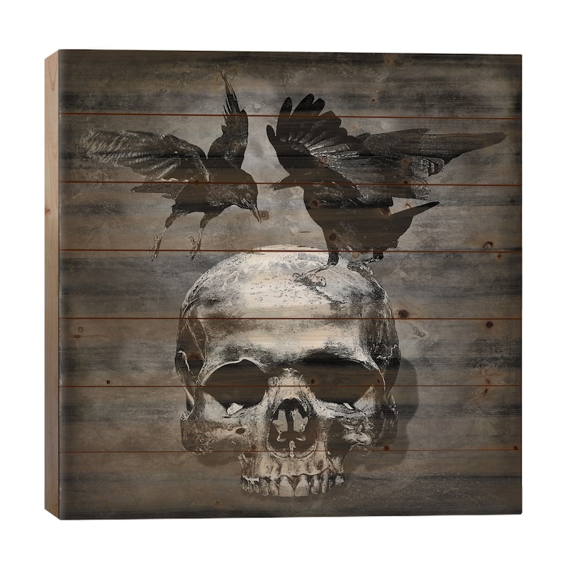 Skull With Crows Print On Wood by Martin Wagner - Multi-Color - 26x26x1.5