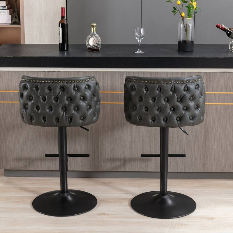 Modern Swivel Barstools, Tufted Back Upholstered Dining Chair, Leather High Bar Chair Adjustable Height, Set of 2