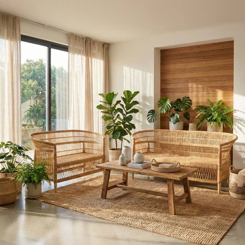 100% Handwoven Natural Rattan 2-Piece Indoor Seating Set with Loveseat and 3-Seater Settee, Solid Wood Frame, Boho Farmhouse - Natural