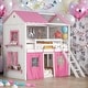 preview thumbnail 20 of 32, Playhouse Design Impression & Beautiful Twin Size Bunk Wood House Bed with Elegant Windows, Sills and Tent Pink+White