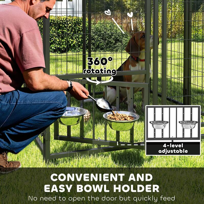PawHut Outdoor Dog Kennel, Dog Run Welded Wire Heavy Duty with Rotatable & Height Adjustable Bowls, Dog Kennel Outside