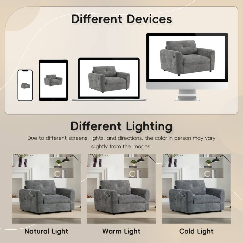 Chenille Single Sofa,Armchair with Wide Seat,Dual-port Charger,Pull-line Tufted Design & High-density Foam