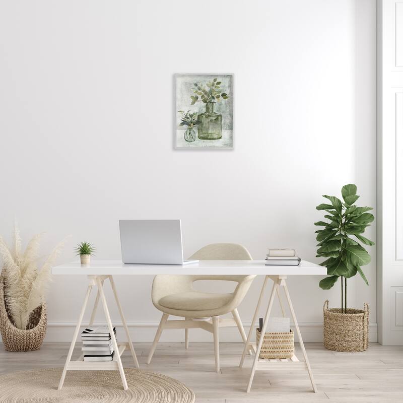 Stupell Herbal Plants Green Leaves Country Vase Rustic Painting Framed Wall Art - Off-White