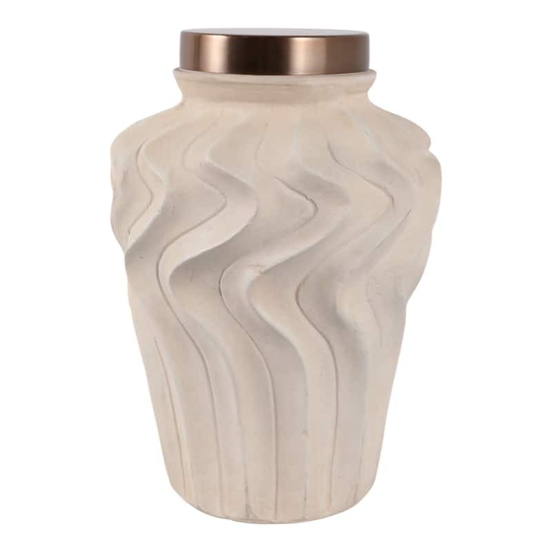 Pottery Jar Wavy Sculpted Tall with Metallic Lid Decorative Accent