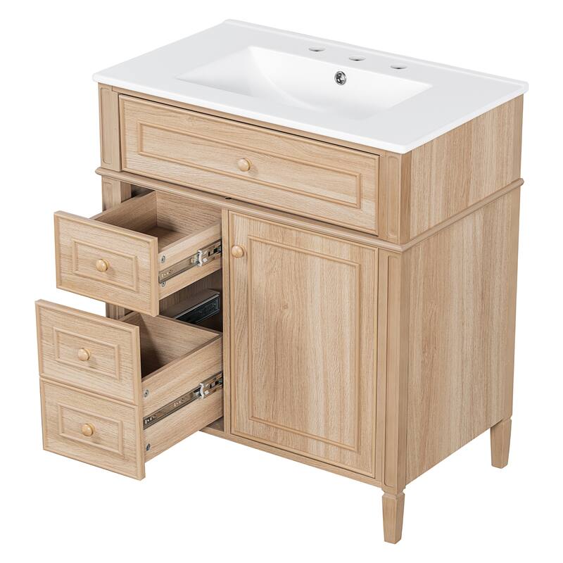 Roomfitters 30" Bathroom Vanity with Sink, Solid Wood Frame, Flip-Out Drawer, 2 Soft-Close Drawers & Door