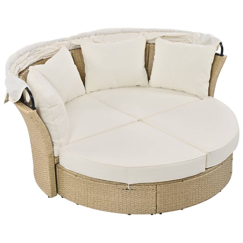 Wicker Rattan Daybed Round Sofa Set with Retractable Canopy and 4 Pillows, Convertible Sofa Bed with 2 Ottoman Chaise Lounge