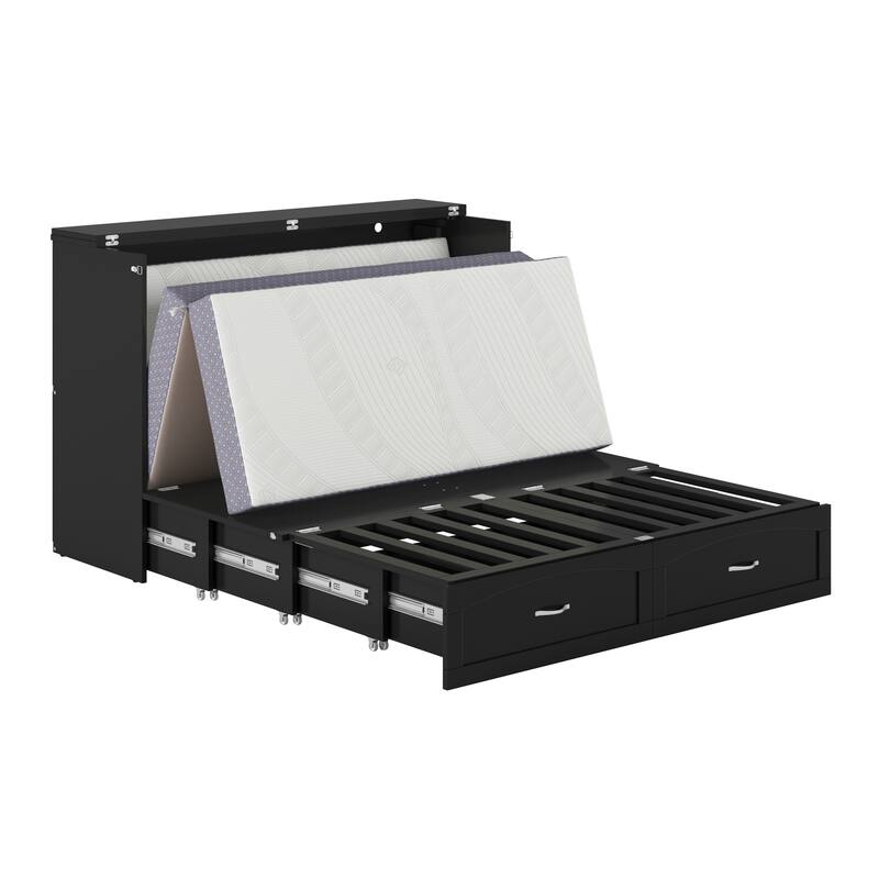 Marion Queen Murphy Bed Chest with 6" Mattress, Storage Drawer & Built-In Charger