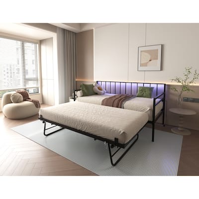 Twin Daybed with RGB LED Lights & Charging Station,Height Adjustable Day Bed Frame with Trundle,Versatile Metal Sofa Bed Frame