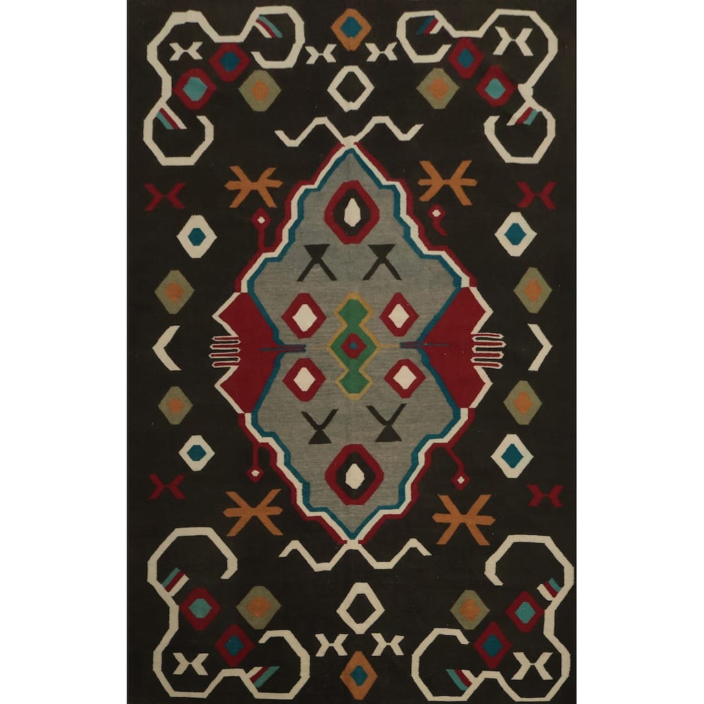 Hand Woven Oriental 100% Wool Carpet Southwestern Modern Black Kilim Area Rug - 9' 11'' X 6' 9''