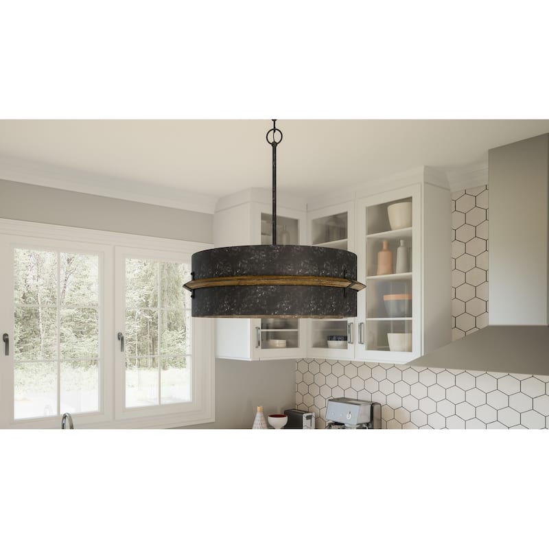 Lariat 3-Light Old Black Drum Pendant Light with Wooden Trim