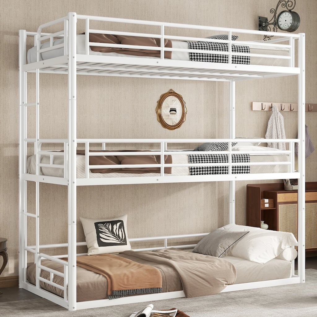 Twin over Twin over Twin Bunk Bed, Metal Triple Bunk Bed with Safety Guardrails, Heavy-duty Bunk Bed with Noise-reduced Design