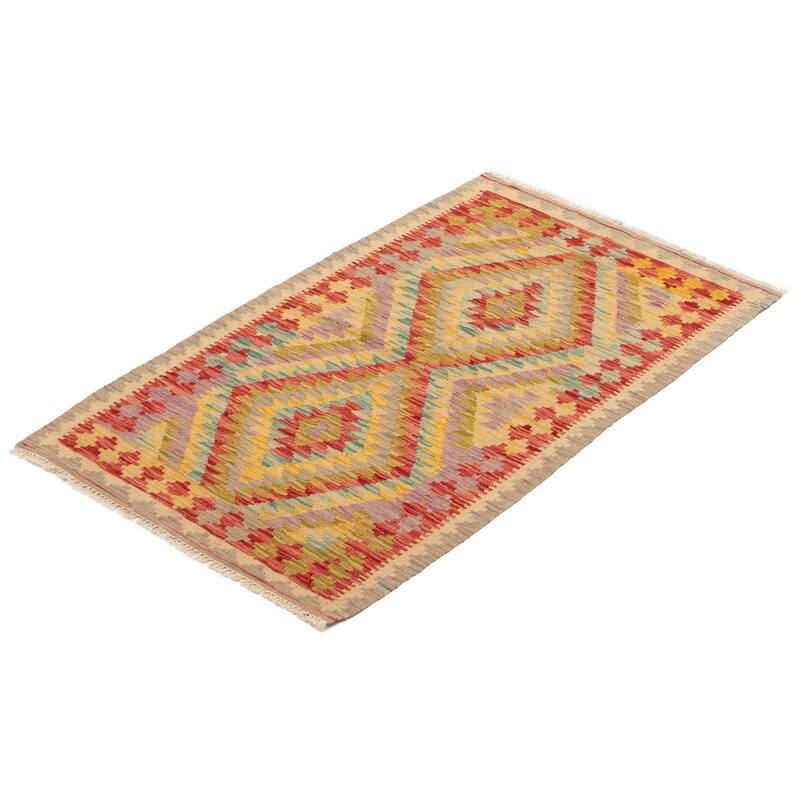 ECARPETGALLERY Flat-Weave Bold and Colorful Olive Wool Kilim - 2'9 x 4'5