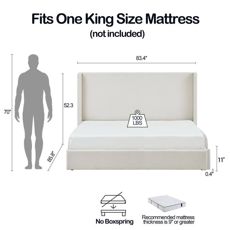 Upholstered Wingback Bed/ Upholstered Platform Bed Frame/ 52.3" High Headboard/ Simplicity/ No Box Spring Needed/ King