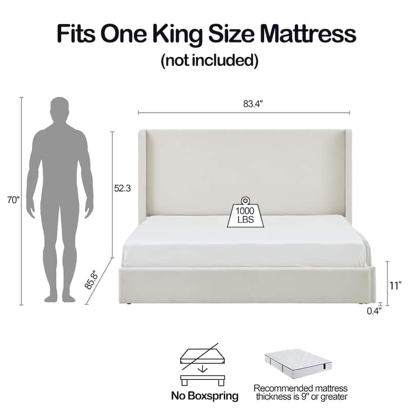 Upholstered Wingback Platform Bed with High Headboard, King Size Platform Bed Frame, Wood and Metal Slat Support, Noise Free