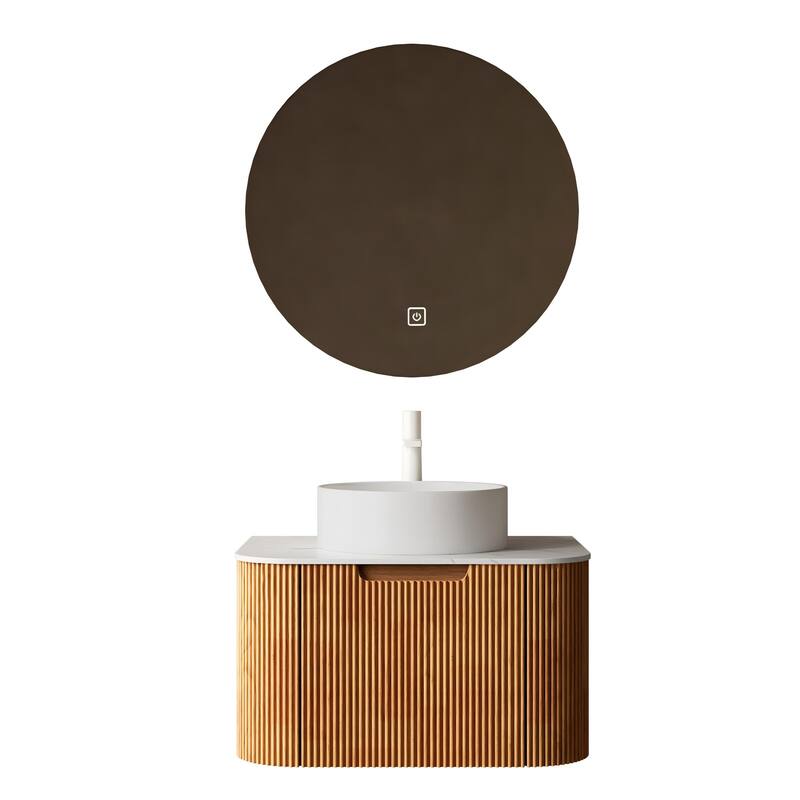Modland Walnut 24/30/36 inch Bathroom Vanity with White Ceramic Vessel Sink, Modern Wall Mounted Floating