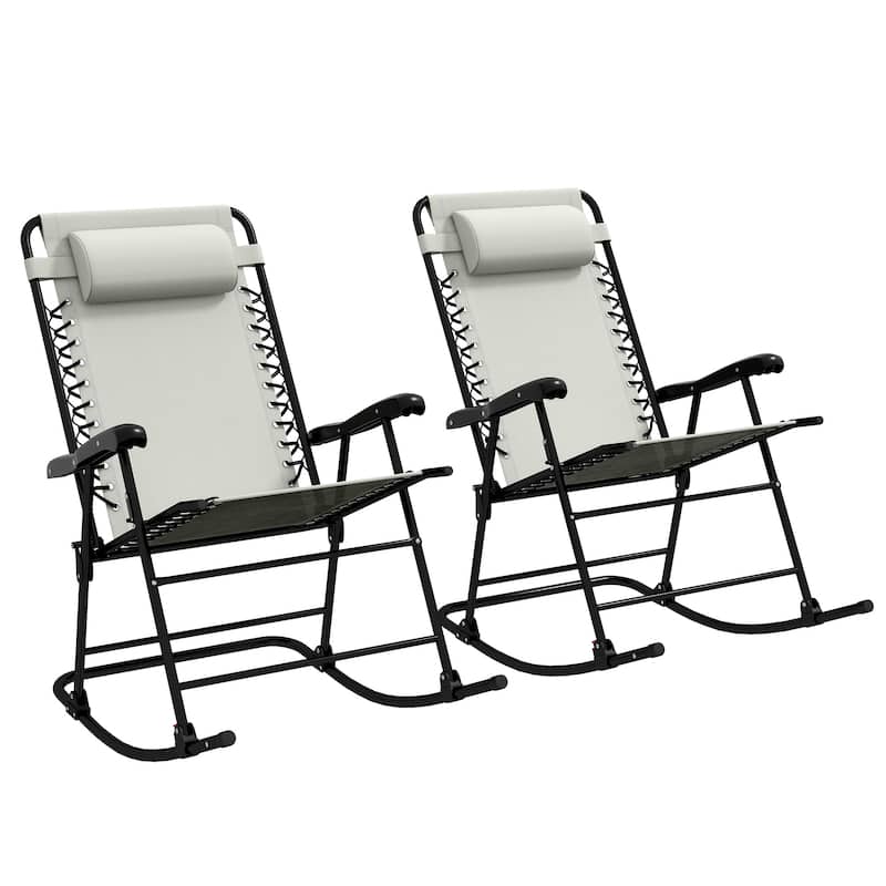 Outsunny 2 Piece Outdoor Rocking Chair Set, Patio Folding Lawn Rocker Set with Headrests for Yard, Patio, Deck, Backyard - Cream White