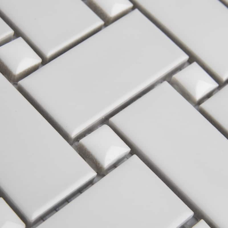 Merola Tile Metro Basketweave White w/ Glossy White Dot 11-3/4" x 11-3/4" Porcelain Mosaic Floor and Wall Tile