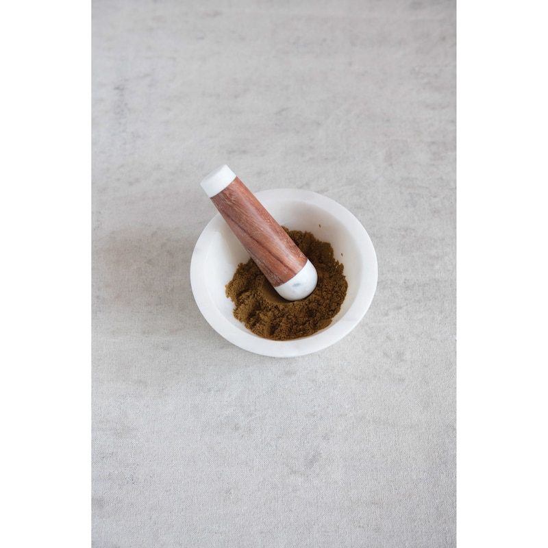 Marble and Acacia Wood Mortar and Pestle - 6.0"L x 6.0"W x 4.5"H