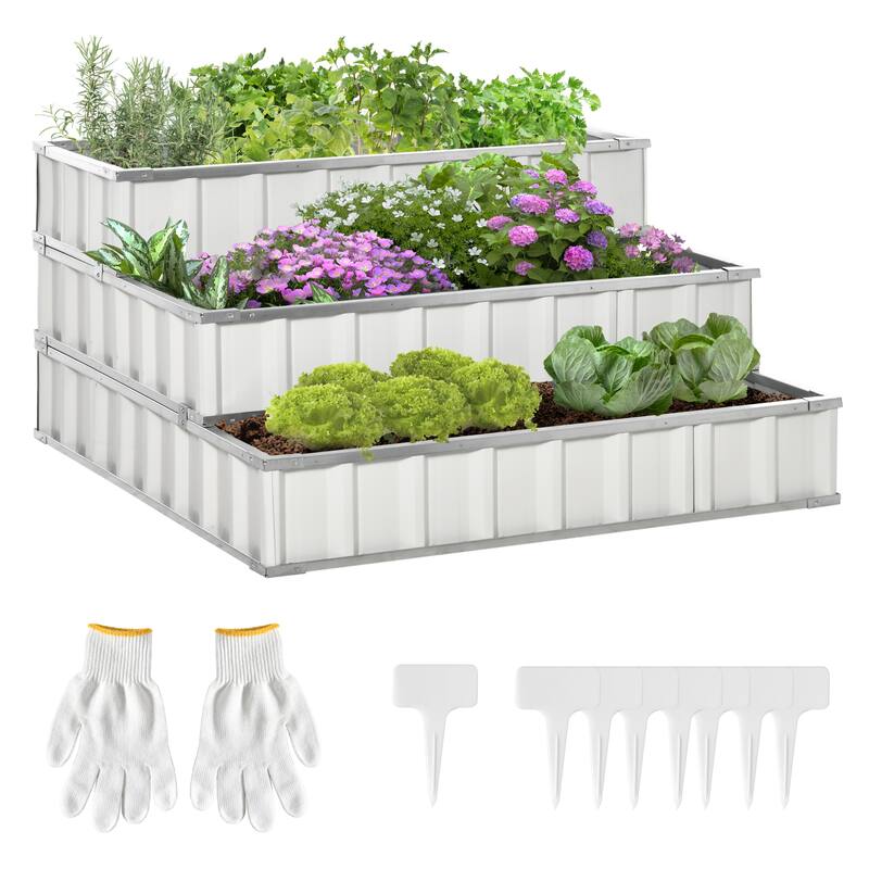 Outsunny 3-Tier Metal Raised Garden Bed, Elevated Outdoor Planter Box Kit for Vegetables, Herbs, and Flowers