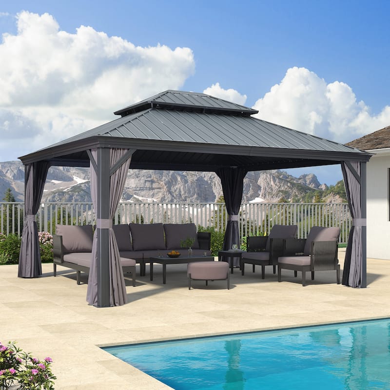 PURPLE LEAF Outdoor Galvanized Steel Hardtop Gazebo, Aluminum Frame Gazebo With Curtains - 13' x 15' - Grey
