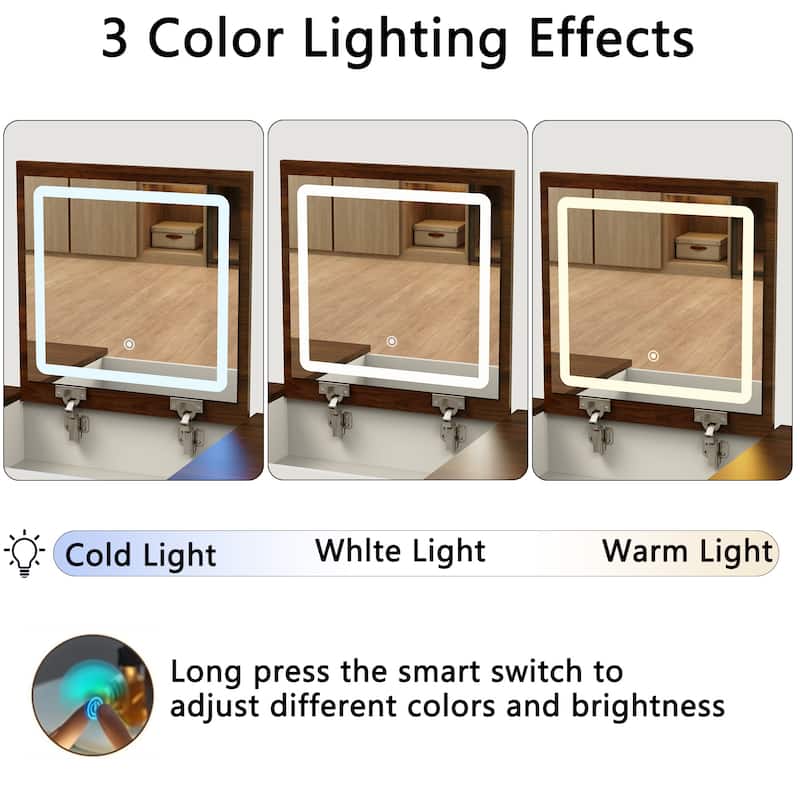 Vanity Desk with Flip-Up Mirror, 10 Drawers & Dimmable LED Lights, Makeup Table Set with Stool