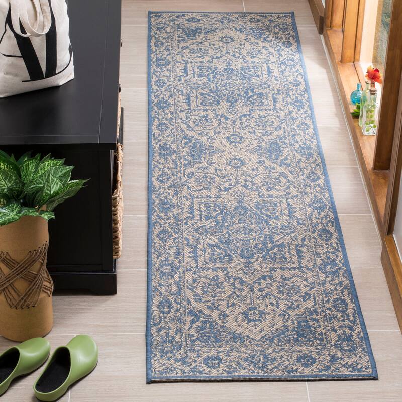 SAFAVIEH Linden Rick Indoor/ Outdoor Waterproof Patio Backyard Rug - 2'2" x 8' Runner - Cream/Blue