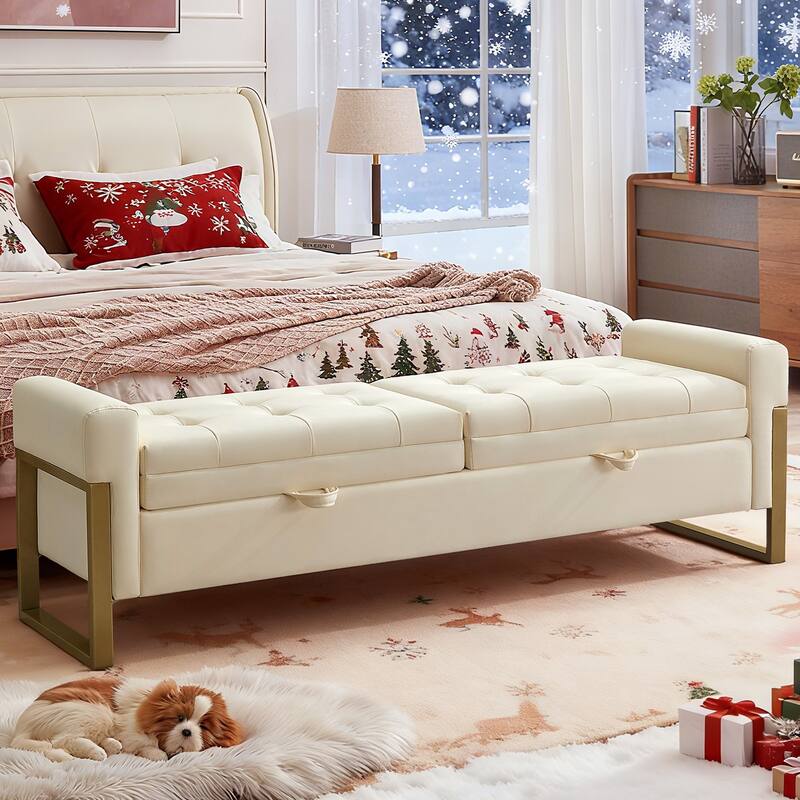 66" Storage Bench King Size End of Bed with Double Lids and Gold Legs