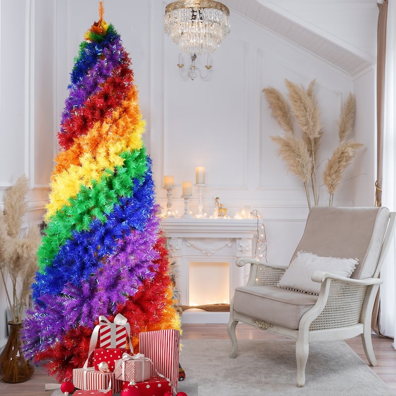 Rainbow Spiral Artificial Christmas Tree - Colorful PVC Branches, Unique Design, Full Lush Shape, Metal Stand