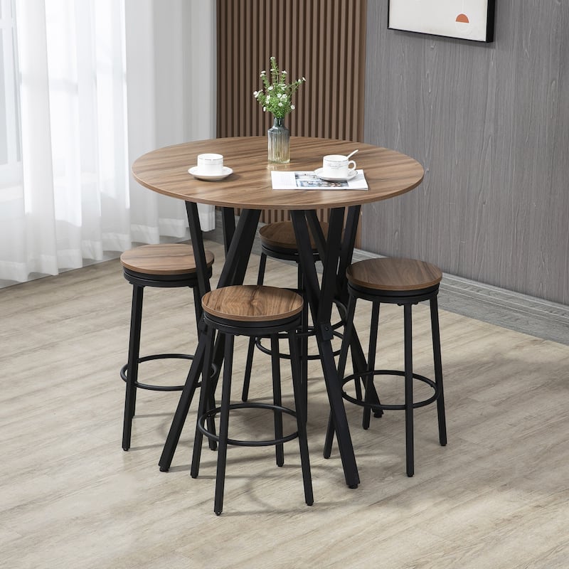 5-Piece Bar Table and Chairs Set with Swivel Seat, Industrial Round Dining Table & 4 Stools for Pub, Kitchen, Light Brown