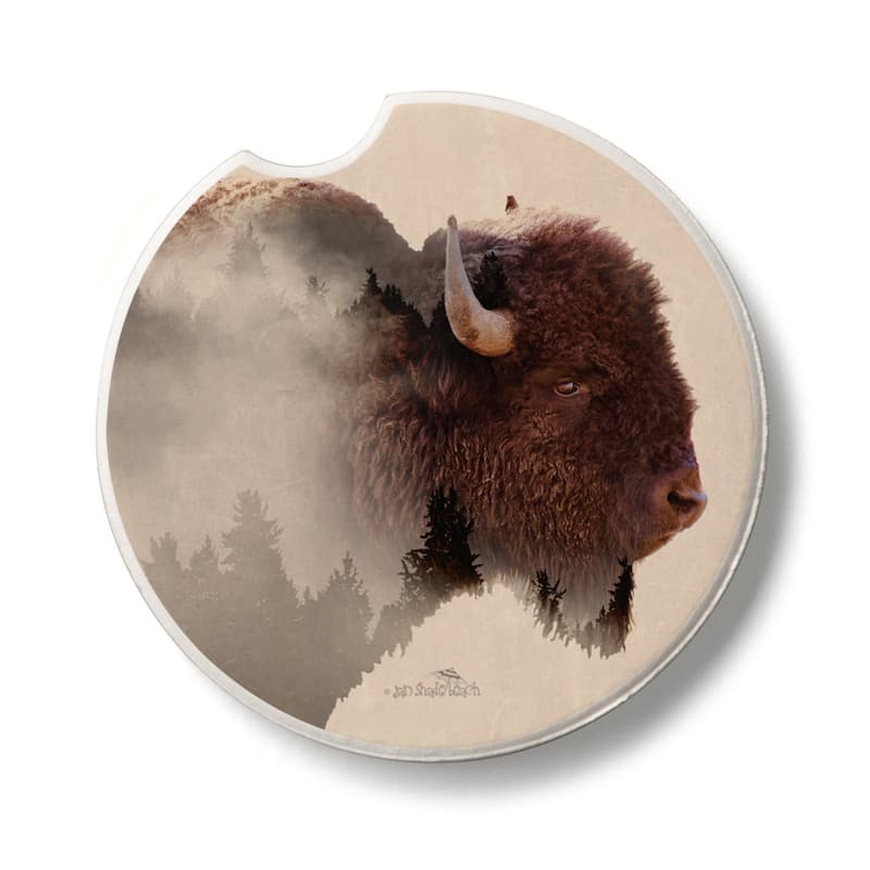 Buffalo Scene 2 Pack Absorbent Stone Coaster for Vehicle Cup Holder 2.6” Diameter Manufactured in The USA - Multi