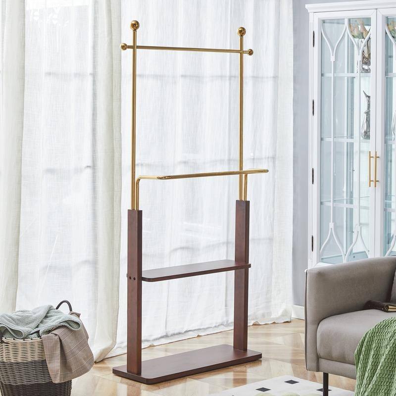 68.9" Walnut and Gold Steel Coat Rack,Double Layer Solid Wood Design