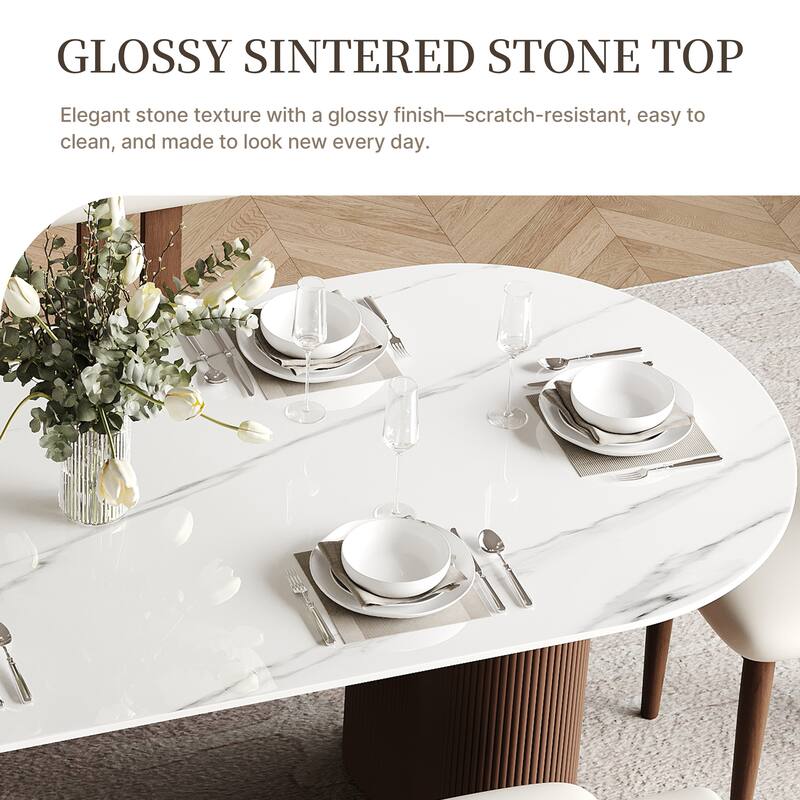 71" Glossy White Sintered Stone Dining Table, Double Round Legs, Oval Kitchen Table for 6 Persons